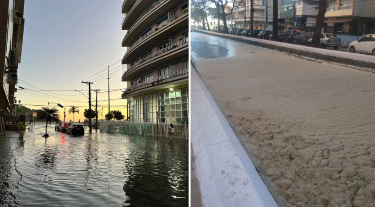 Ressaca marítima enche canais e interdita avenidas da orla de Santos