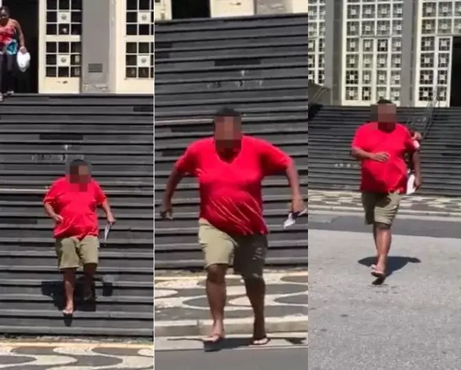 Autuado por tráfico solto em audiência festeja correndo pela escadaria do Fórum de Santos