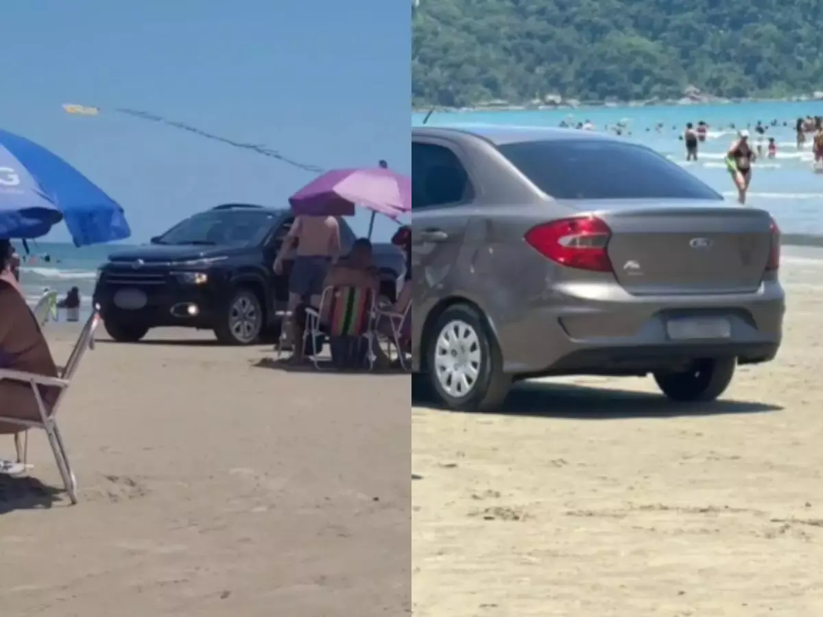 Carros são flagrados andando na praia entre banhistas em Praia Grande, no litoral de São Paulo